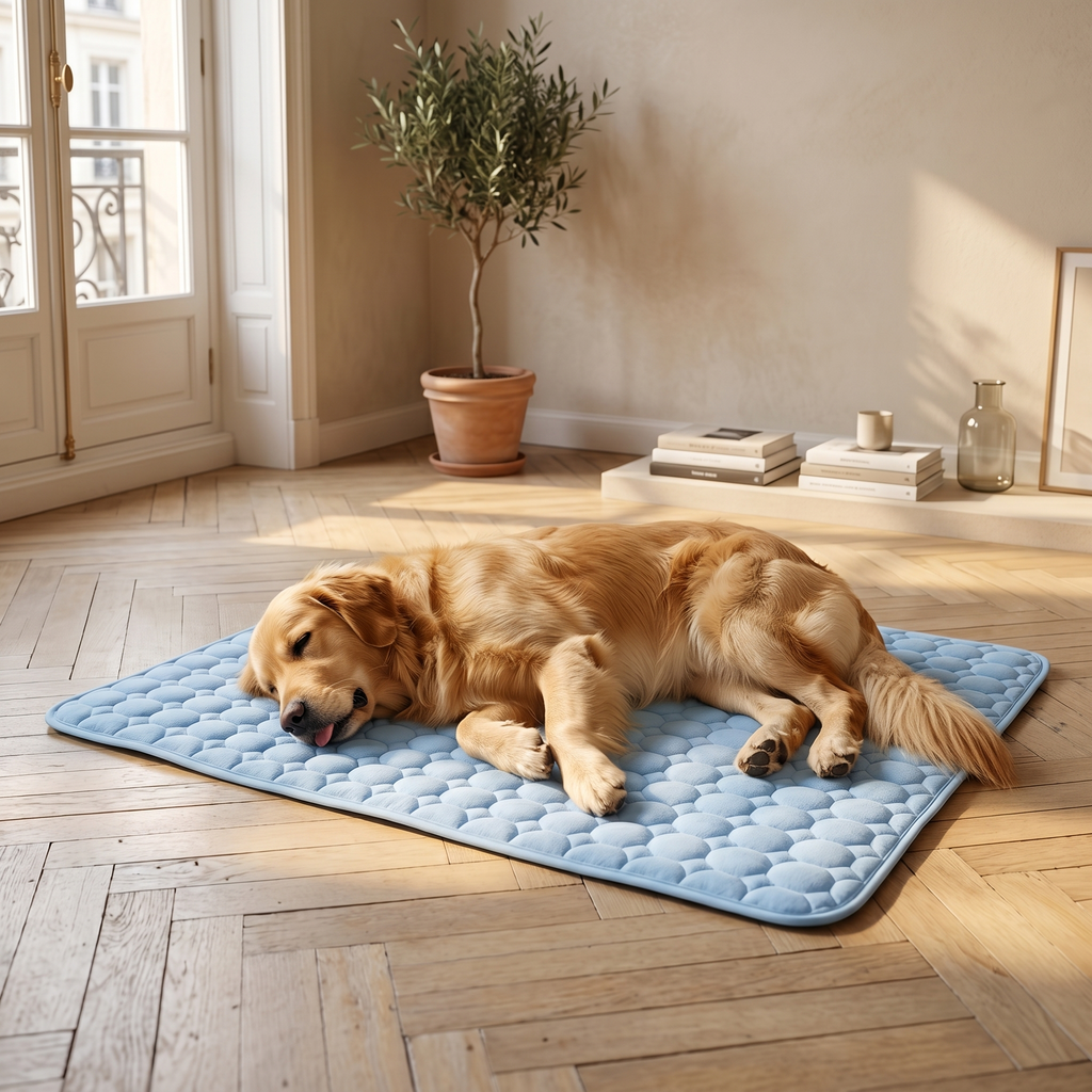 Chien Golden Retriever allongé sur tapis rafraîchissant Tiloo
