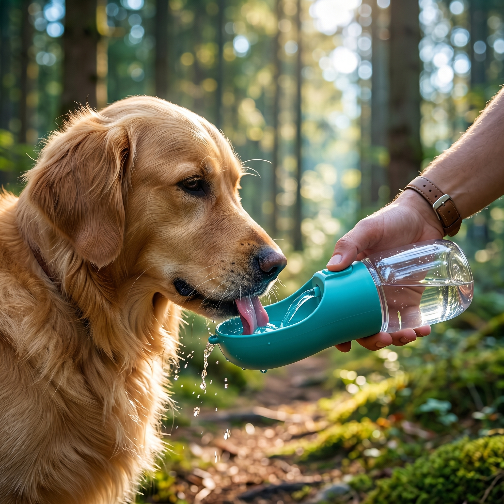 Chien Border Collie qui boit dans la gourde nomade Tiloo en forêt