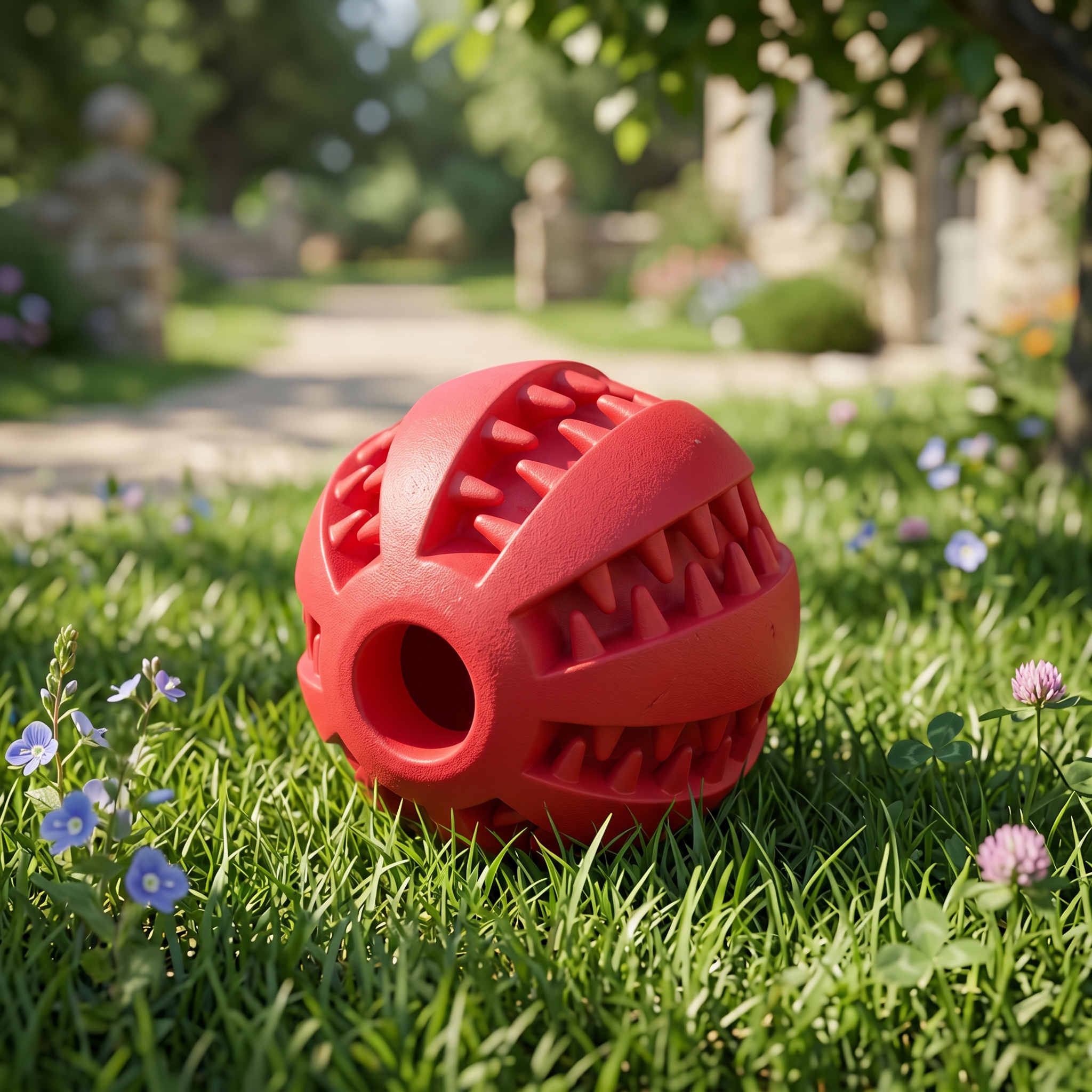 Balle distributrice anti-mâchage Tiloo en caoutchouc rouge sur fond clair
