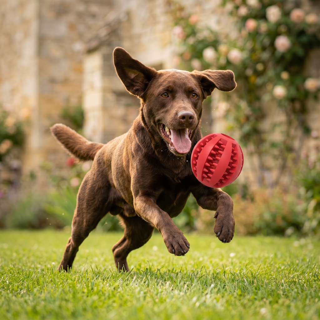 Chien Labrador qui joue avec la balle distributrice de friandises Tiloo