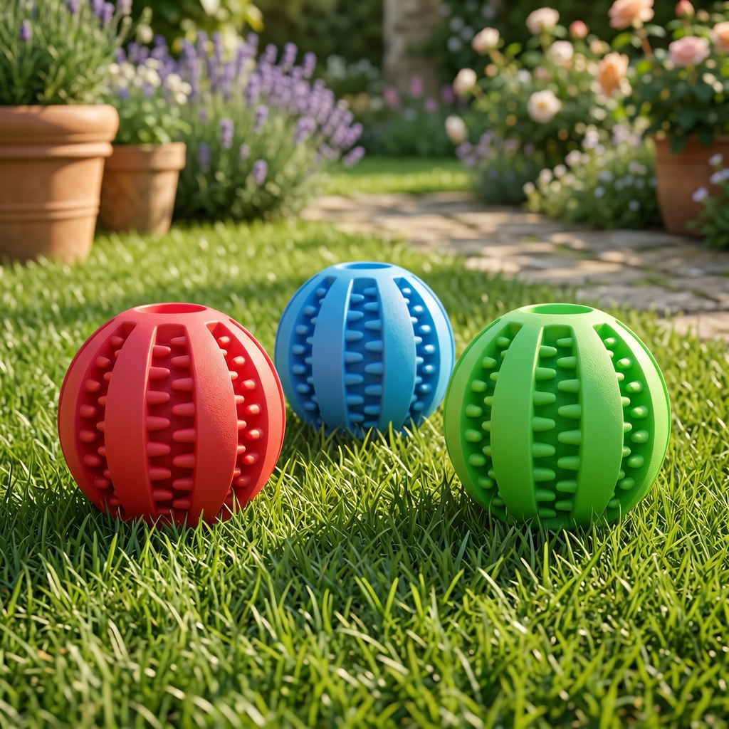 Trois coloris balle distributrice friandises chien Tiloo alignés