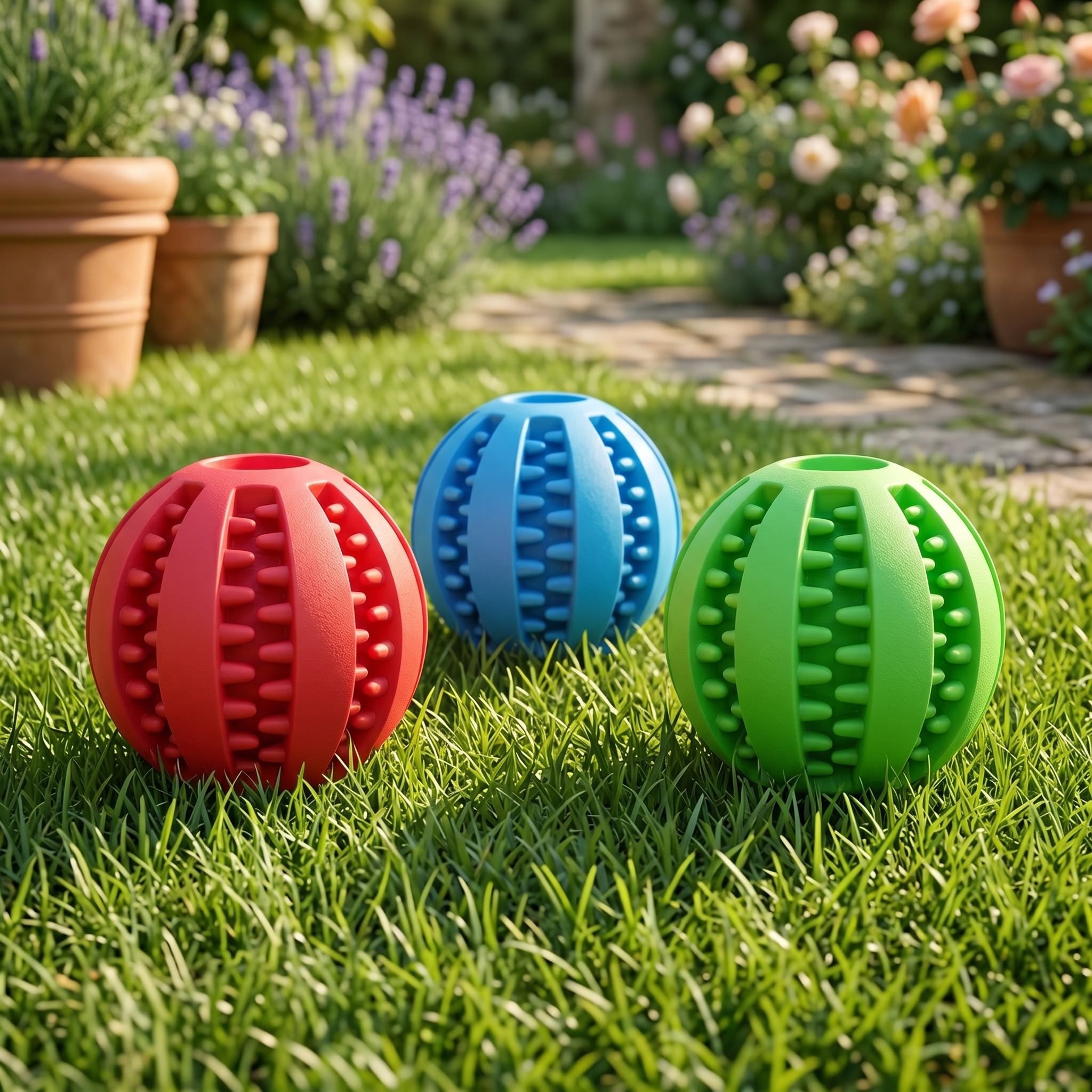 Trois coloris balle distributrice friandises chien Tiloo alignés