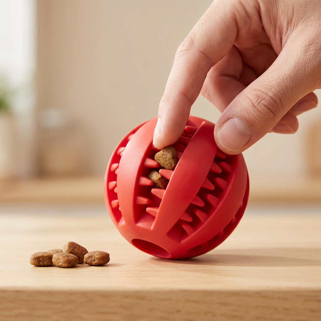 Démonstration remplissage croquettes balle anti-glouton Tiloo