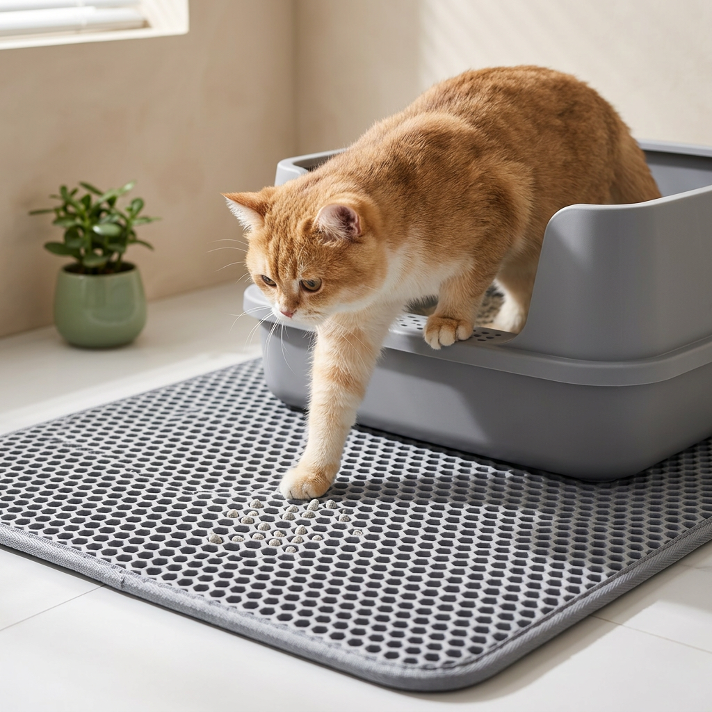 Chat qui sort de la litière sur tapis hexagonal Tiloo