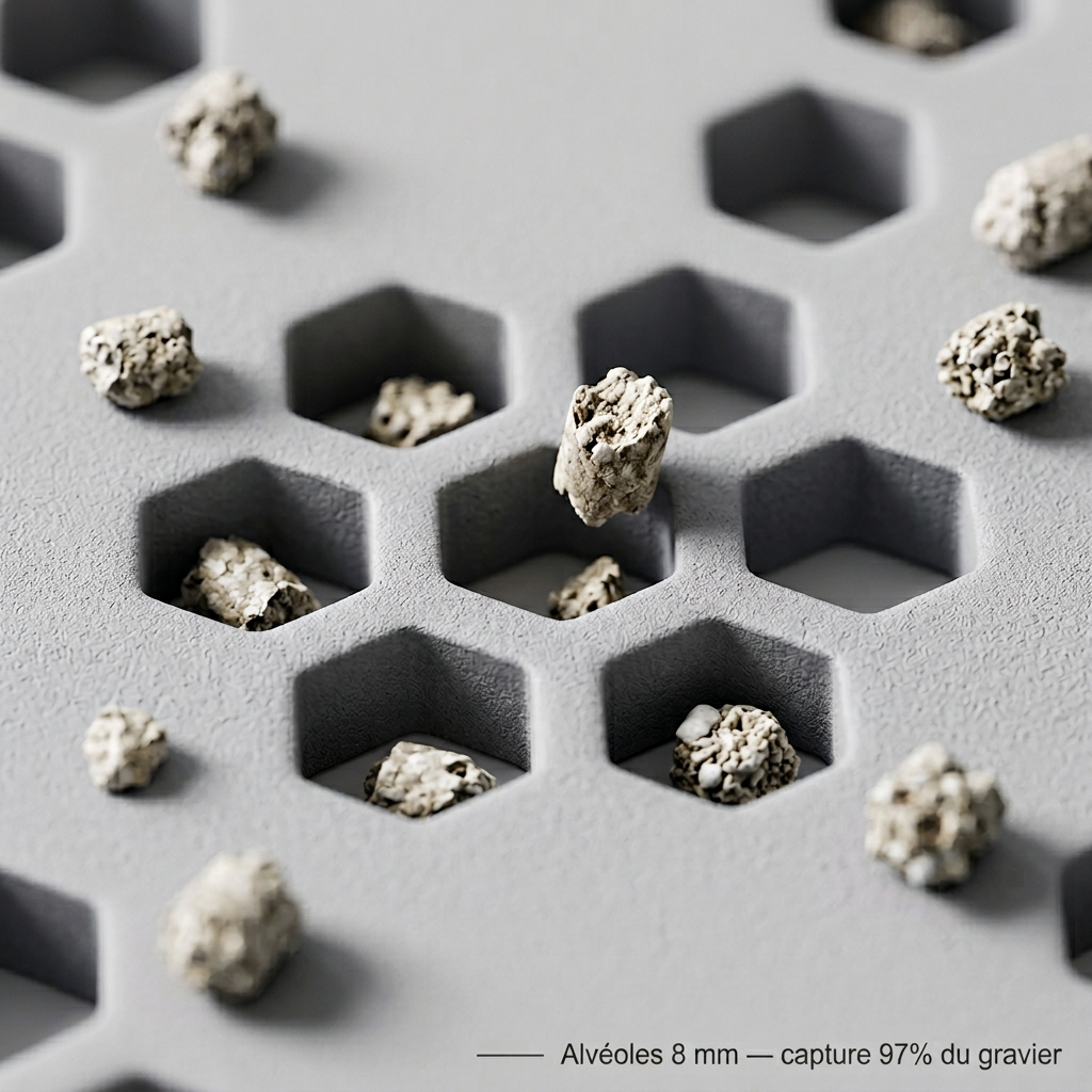 Trous hexagonaux 8 mm tapis litière Tiloo gros plan