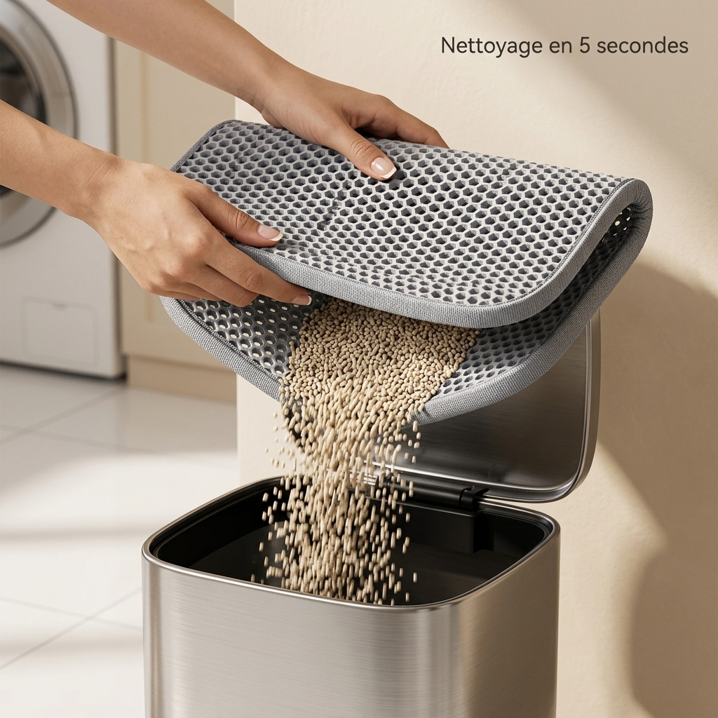 Démonstration vidage graviers tapis litière hexagonal Tiloo