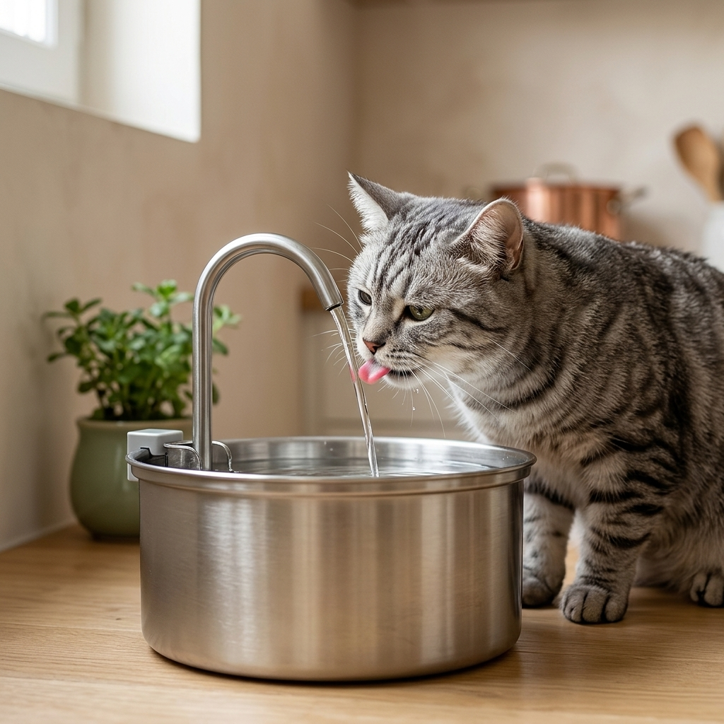 Chat qui boit à la fontaine inox Tiloo dans un salon