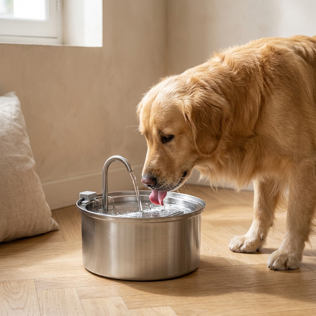Chien qui boit à la fontaine inox Tiloo dans un salon
