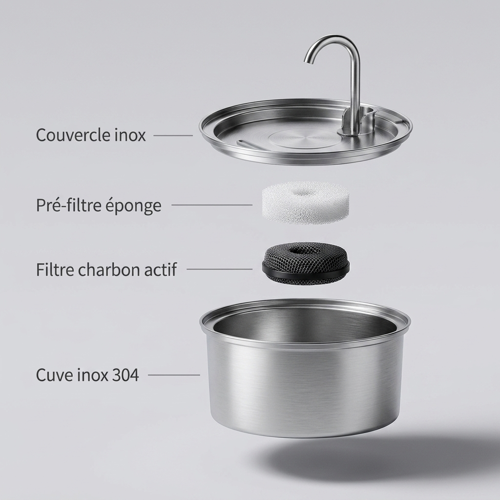 Vue éclatée fontaine inox chat chien Tiloo composants