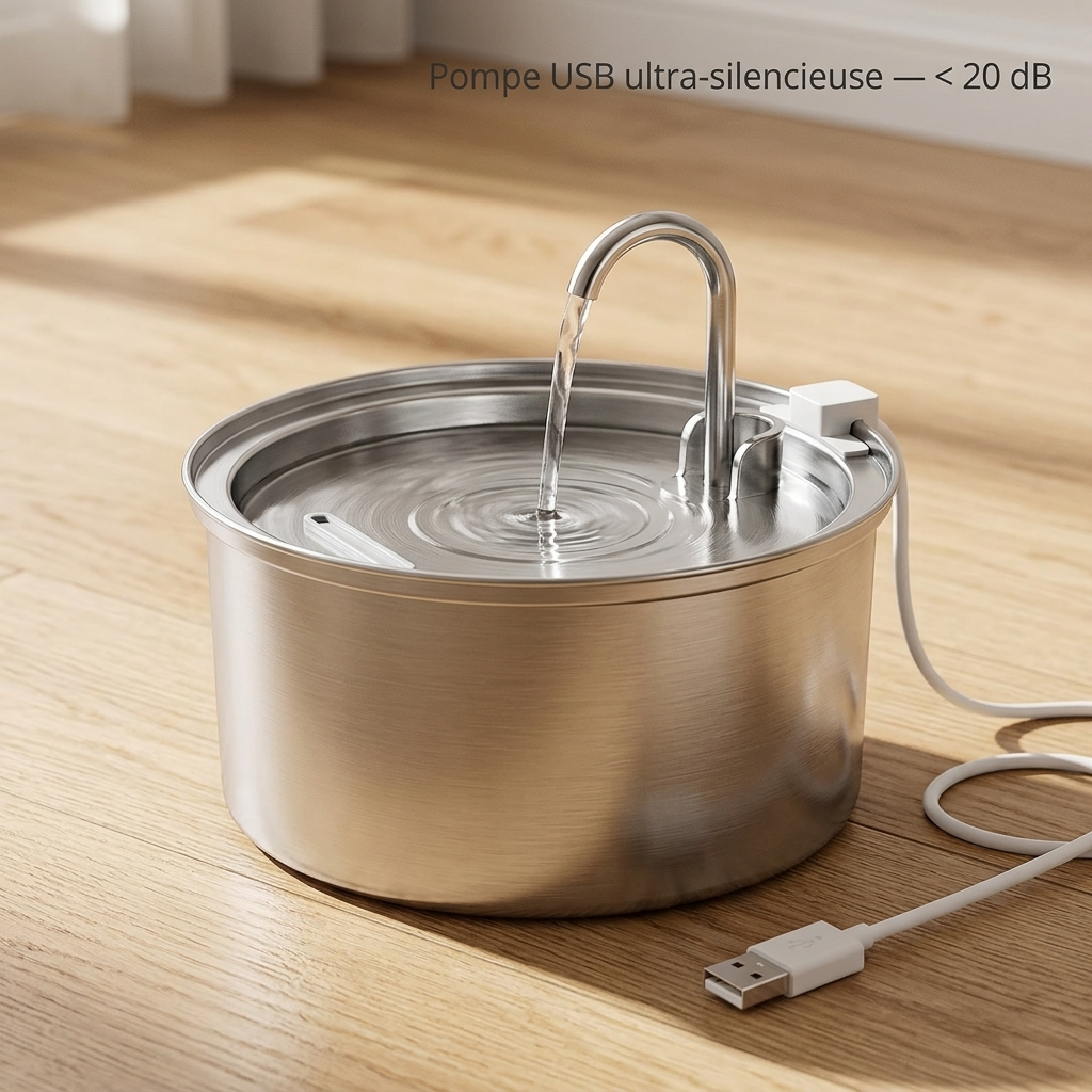 Pompe USB silencieuse fontaine inox Tiloo en fonctionnement