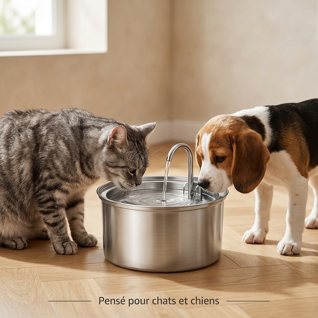 Chat et chien qui boient à la fontaine inox Tiloo