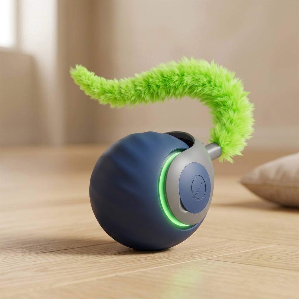 Balle interactive chat Tiloo bleu nuit packshot avec plumeau