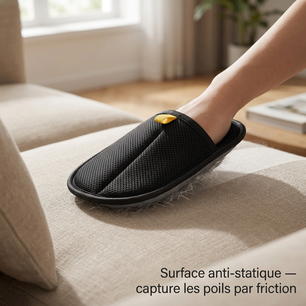 Brosse anti-poils Tiloo utilisée sur canapé en tissu gris