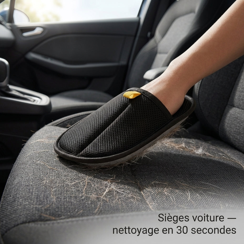 Brosse anti-poils Tiloo utilisée sur siège de voiture