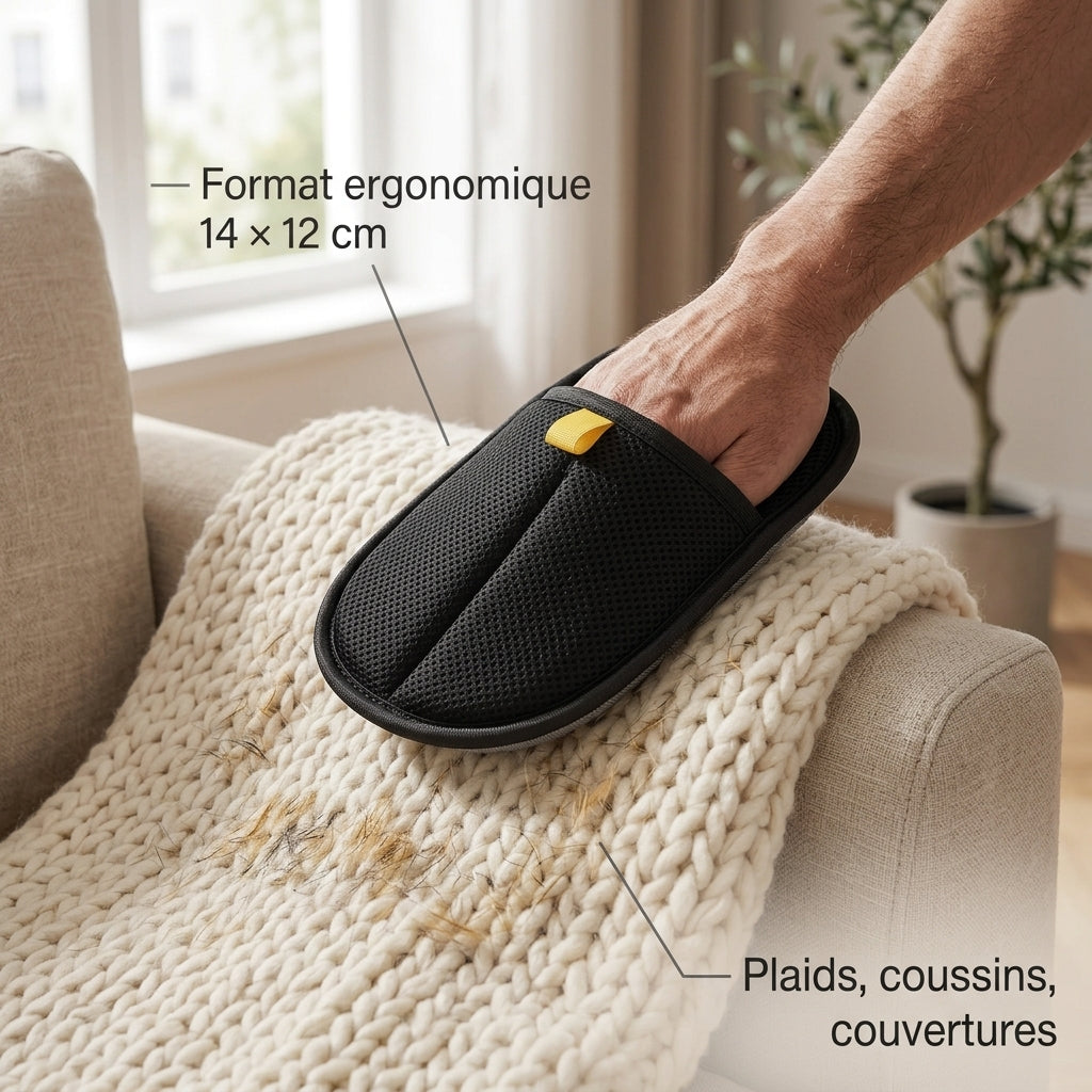 Brosse anti-poils Tiloo capture poils chat sur plaid