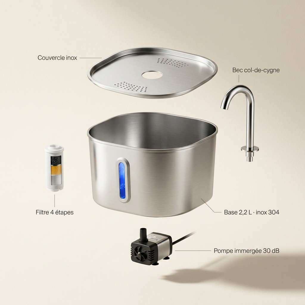 Fontaine à eau inox 2,2 L pour Chat et Chien