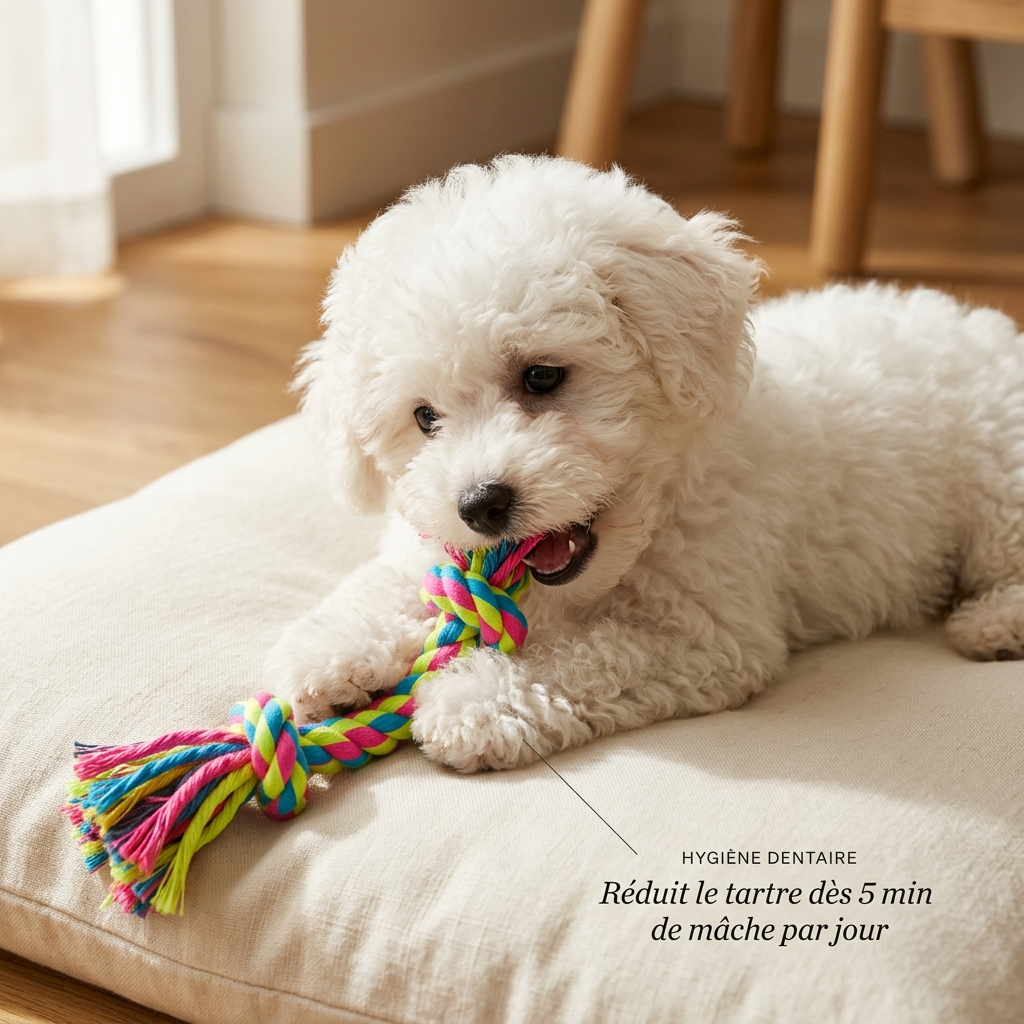 Corde Mâchage Coton Multicolore — Jouet Anti-Tartre Chien